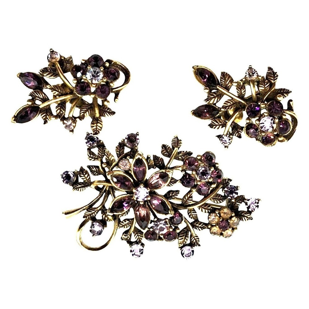 Vintage Coro Rhinestone Brooch Earrings Set Purple Rhinestones Pin Clip Ons Flor